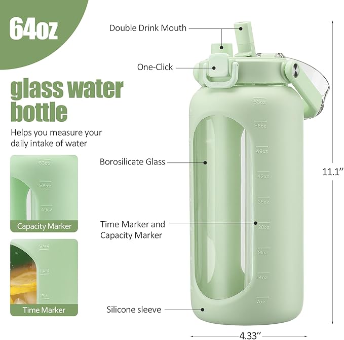 BLUEGO 64oz Glass Water Bottle with Handle and Straw, Motivational Sports Water Bottle with Time Marker and Silicone Sleeve Leakproof Drinking Bottle for Travel Gym Workout, Light Green