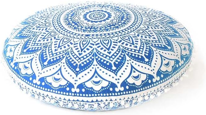 Eyes of India - Mandala Floor Pillow Cover Meditation Cushion Seating Throw Hippie Round Colorful Decorative Bohemian Indian Pouf Ottoman Handmade Cover ONLY (Omb-Blue, 32" x 32")