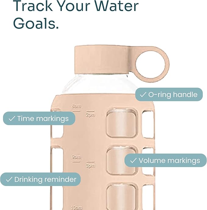 purifyou 40oz / 32oz / 22oz / 12oz Borosilicate Glass Water Bottle with Time & Volume Markers, Silicone Sleeve, Stainless Steel Lid | Reusable Glass Bottle for Water & Juice (32oz Hazelnut)