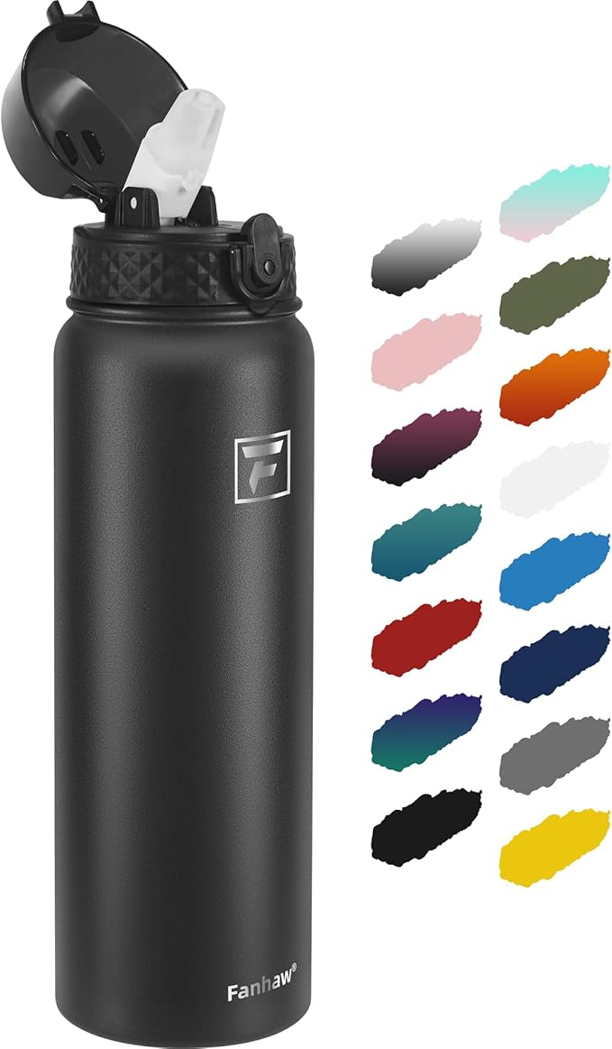 Fanhaw 32 Oz Stainless Steel Insulated Sports Water Bottles with Straw for Kids, Men and Women (Black)