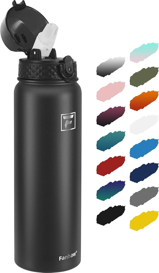 Fanhaw 32 Oz Stainless Steel Insulated Sports Water Bottles with Straw for Kids, Men and Women (Black)