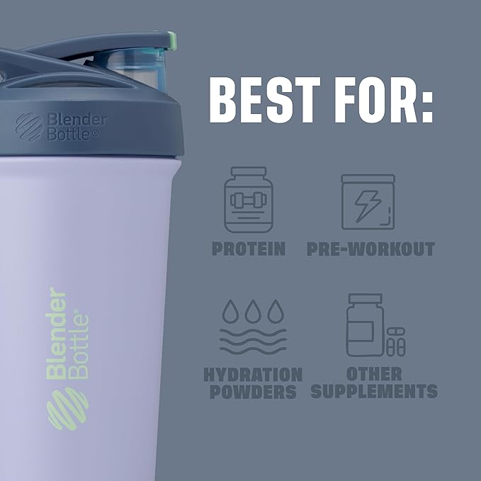 BlenderBottle Strada Sleek Shaker Cup Insulated Stainless Steel Water Bottle with Wire Whisk, 25-Ounce, Violet