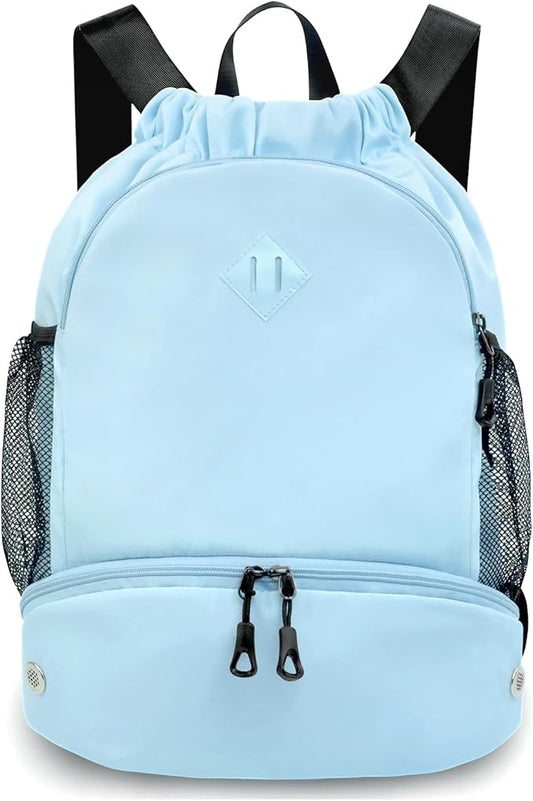 Drawstring Backpack Gym Backpack with Shoe Compartment for Men Women String Sports Bag with Wet Pocket Cinch Swim Beach Bag, Blue (Patent Pending)