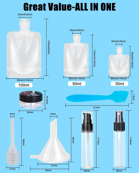 17 Pack Travel Pouches for Toiletries,TSA Approved,Portable Containers,Stand Up Pouch,Refillable Travel Accessories for Shampoo Conditioner Lotion Soap Liquids (A-17pcs)