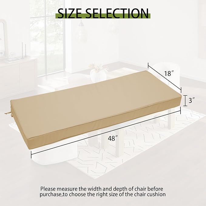 Outdoor Bench Cushion 48 x 18 x 3 Inch, Waterproof Patio Furniture Cushions with Ties, Non-Slip Rectangle Bench Seat Cushion Foam Pad for Garden Sofa Settee Couch Swing, Beige
