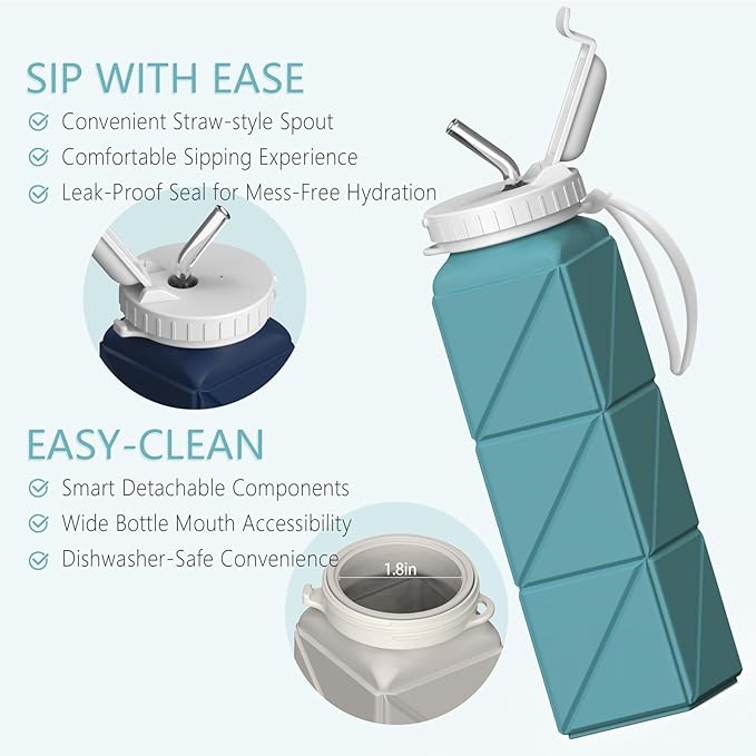 Collapsible Water Bottles 20.6oz 2 Pack, Silicone Foldable Portable Travel Water Bottle, Lightweight Reusable Leakproof for Travel Camping Hiking Cycling Yoga Sports Outdoor (Black+Blue)