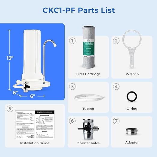 iSpring CKC1-PF 2.5" x 10" Countertop Water Filter, SGS-Tested Filter, Reduces PFAS, Chlorine, Odors - Easy Installation, Fits Most Faucets, Up to 12 Months, White (1 Filter Included)