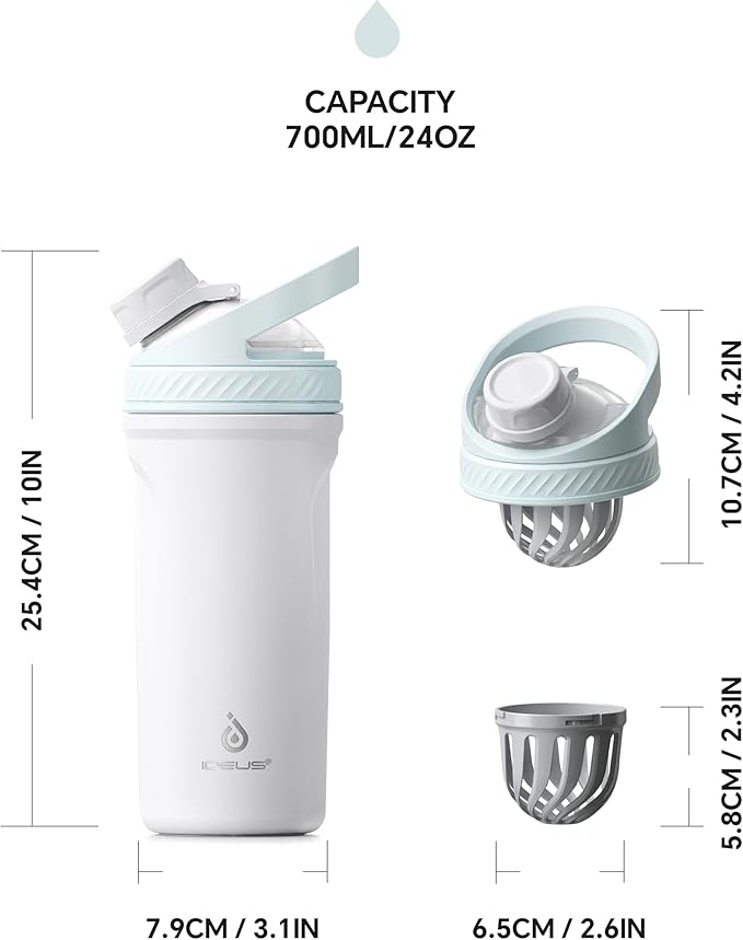 Ideus Protein Shaker Bottle 24oz(710ml) Insulated Stainless Steel Shaker Bottle with Silent Tritan Ball Portable Pre Workout Shaker Cups for Protein Shakes, Smoothies, Cocktails, White