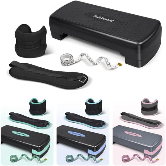 SAKAE Exercise Step Platform Set with Ankle Weights & Measuring Tape, Adjustable Height 2 Level Risers Workout Step Trainer, Aerobic Steppers for Home Gym Exercise Fitness Workout, Multiple Colors