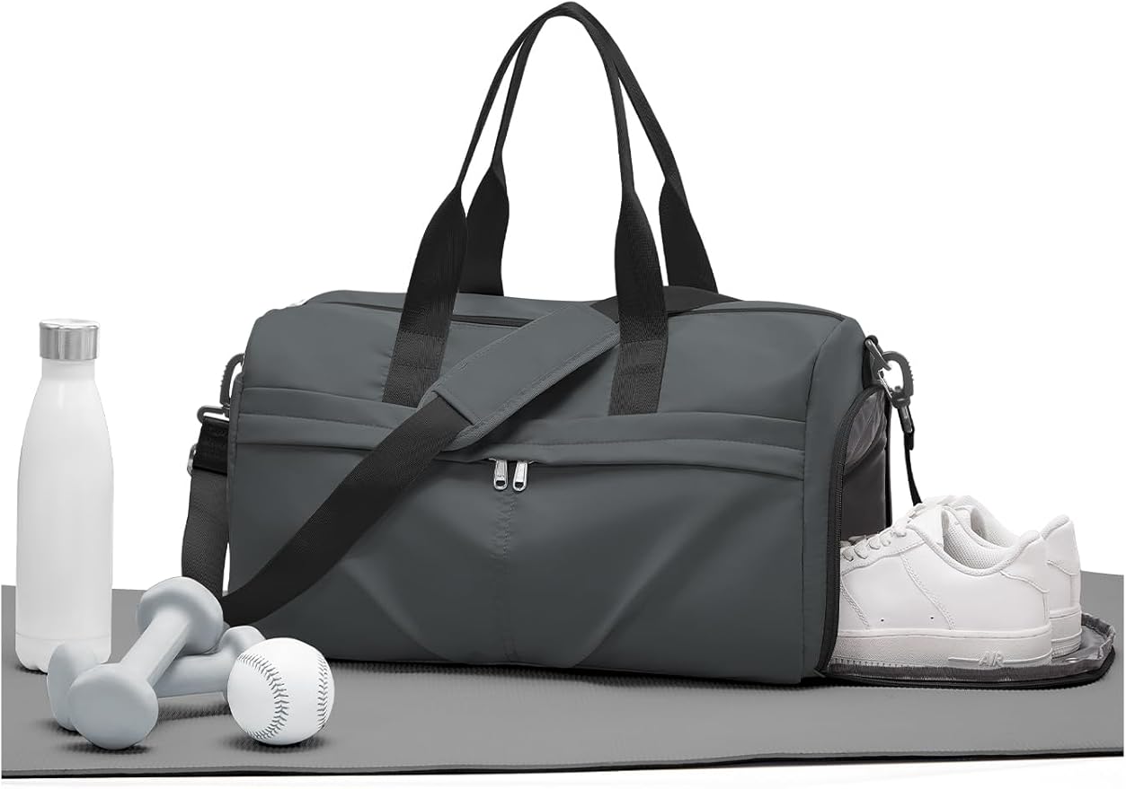 Gym Duffle Bag with Shoe Compartment for Women Men Sports Workout Carry on Weekend Overnight Bag, Grey