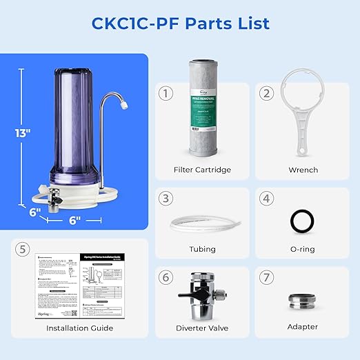 iSpring CKC1C-PF 2.5" x 10" Countertop Water Filter, SGS Tested Filter, Reduces PFAS, Chlorine, Odors - Easy Installation, Fits Most Faucets, Up to 12 Months, Clear (1 Filter Included)