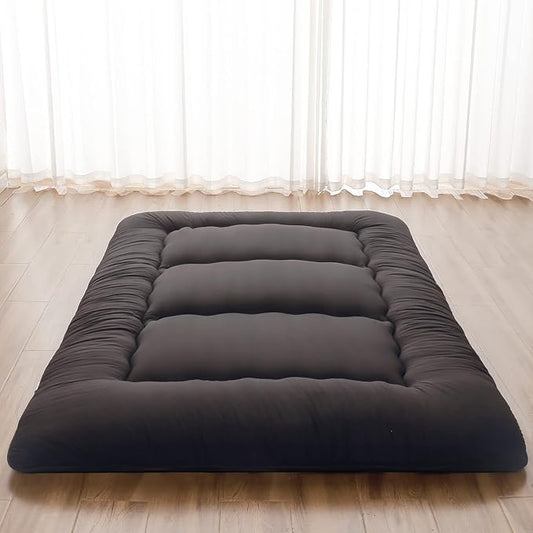 Japanese Floor Mattress, Futon Mattress with Portable Storage Bag and Washable Cover, Roll Up Thick Tatami Mat Suitable for Camping, Guest Room, Black, Queen