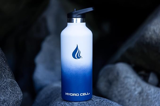 HYDRO CELL Stainless Steel Water Bottle with Straw & 2 Standard Mouth Lids (32oz 24oz 20oz 16oz) Keeps Liquids Hot or Cold w/Double Wall Vacuum Insulated Leak Proof Sport Design (Navy/White 32oz)