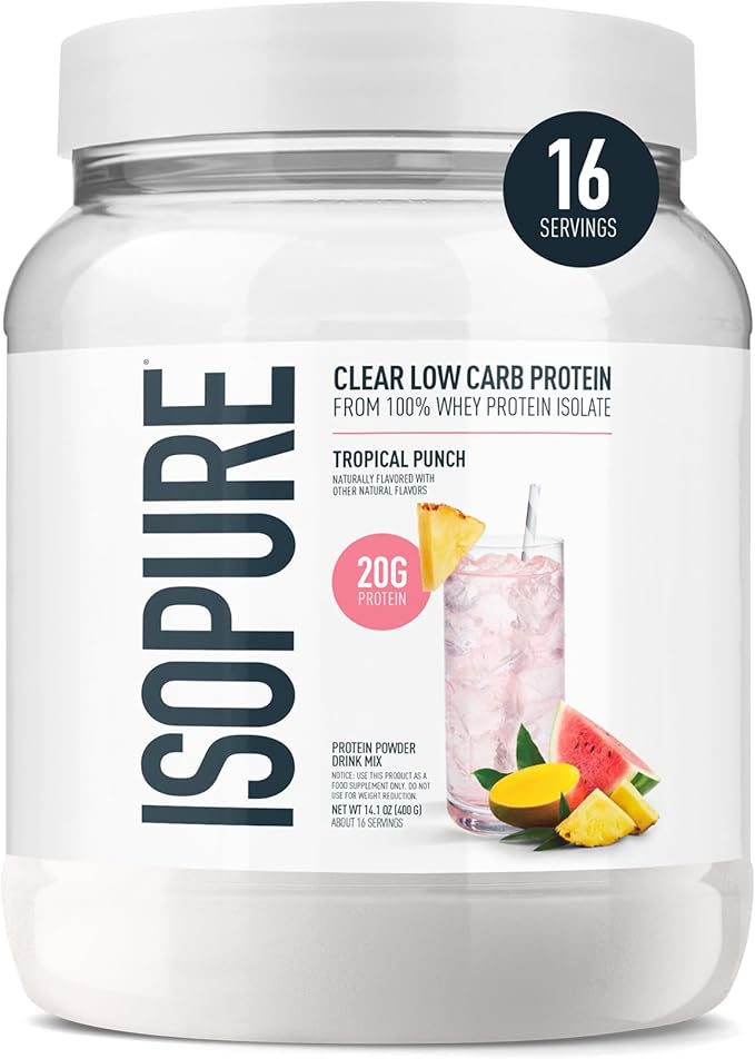 Isopure Clear Whey Isolate Protein Powder, Lactose Free, Gluten Free, Naturally Flavored, Tropical Punch, 20g Protein Per Serving, 14.1 Oz, 16 Servings (Packaging May Vary)