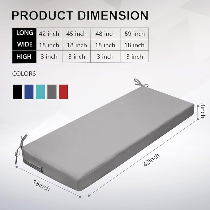 idee-home Outdoor Bench Cushion Waterproof, Bench Cushions for Outdoor Furniture, Patio Porch Swing Replacement Seat Pad with Ties for Garden Backyard, 42 x 18 Inch Grey