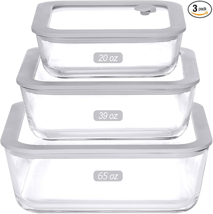 Glass Food Containers with Glass Lid, Microwave Safe Food Storage Container Set, 3 Pack, Square Shape, Food Containers with Lids, Meal Prep containers with Leak Proof Lid.