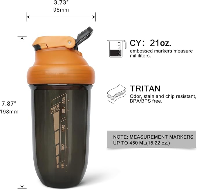 20 oz protein shaker bottle, TRITAN Plastic, BPA/BPS Free Whey Protein Drink Cups for Pre-Workout and Gym, Blender Shaker for Blending Protein Shakes, Overnight Oats and Smoothies (orange)
