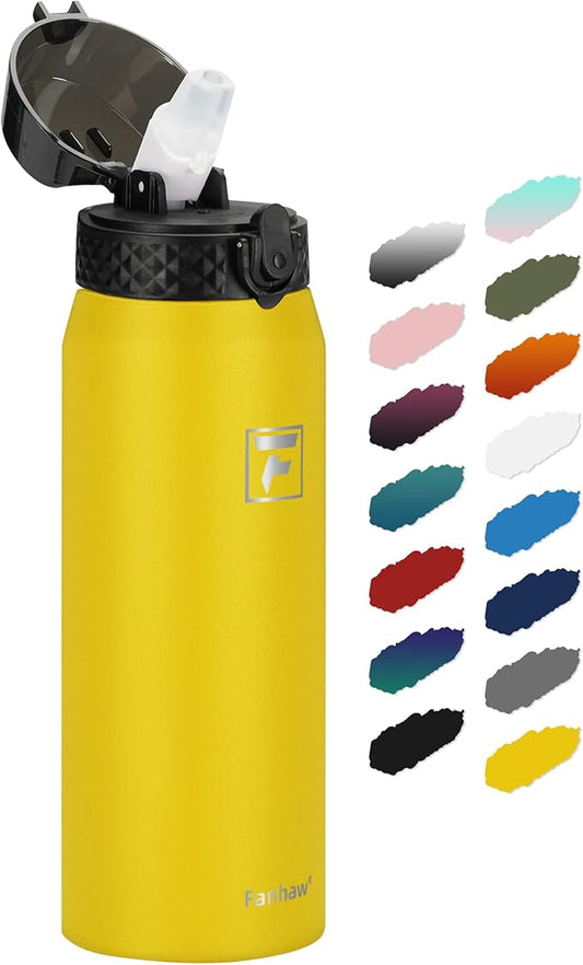 Fanhaw 24 Oz Stainless Steel Insulated Sports Water Bottles with Straw for Kids, Men and Women (Yellow)