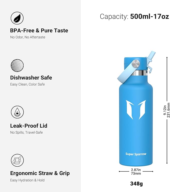 Super Sparrow Insulated Water Bottle - 17 Oz / 25 Oz / 32 Oz - Standard Mouth FlipFlow Flask - BPA Free, Leak Proof Drink Bottle- Ergonomic Straw Water Bottles for Work, Gym, Travel, Sports