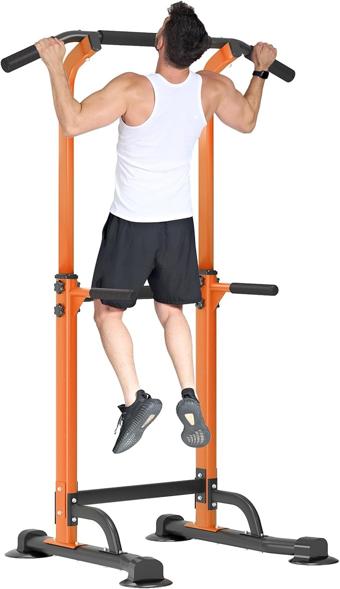 Dland Power Tower Pull Up Bar Dip Station and Height Adjustable Dip Bar Stand, Multi-Function Home Gym Exercise Equipment Strength Training Fitness Workout Station