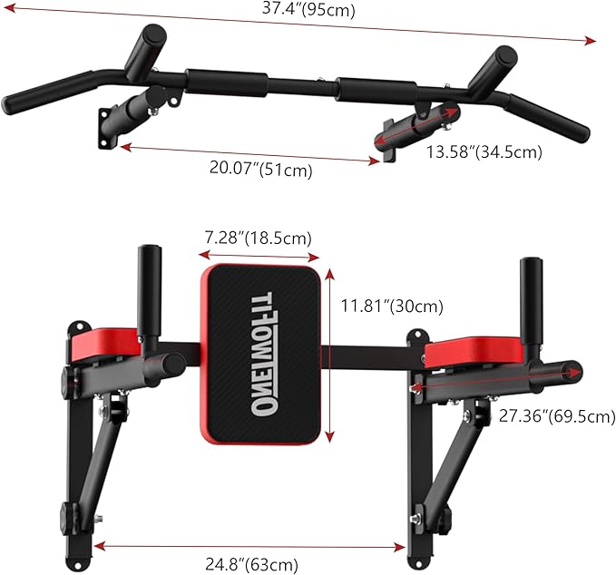 ONETWOFIT Wall Mounted Pull Up Bar, 2 in 1 Pull Up and Dip Bar Station Space Saving Multifunctional Wall Mount Chin Up Bar Indoor Outdoor Strength Training Home Gym Equipment