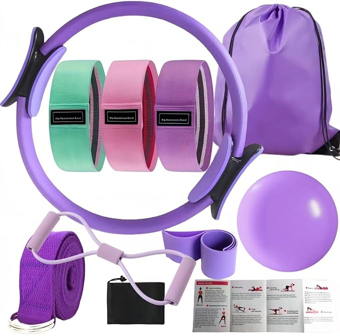 Pilates Ring Set for Women, Home Workout Pilates Equipment with Resistance Bands, Magic Circle, Mini Ball, Pilates Starter Kit for Strength, Toning and Flexibility, Workout Guide Included