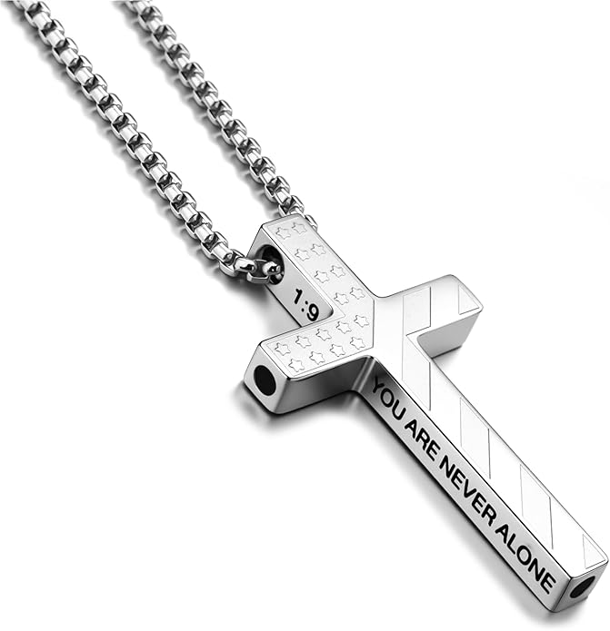 American Flag Cross Breathing Necklace for Women Men Quit Stop Smoking Stainless Steel Inspirational Bible Verse Anxiety Relief Mindfulness Jewelry for Stress Relief Christian Meditation Gift