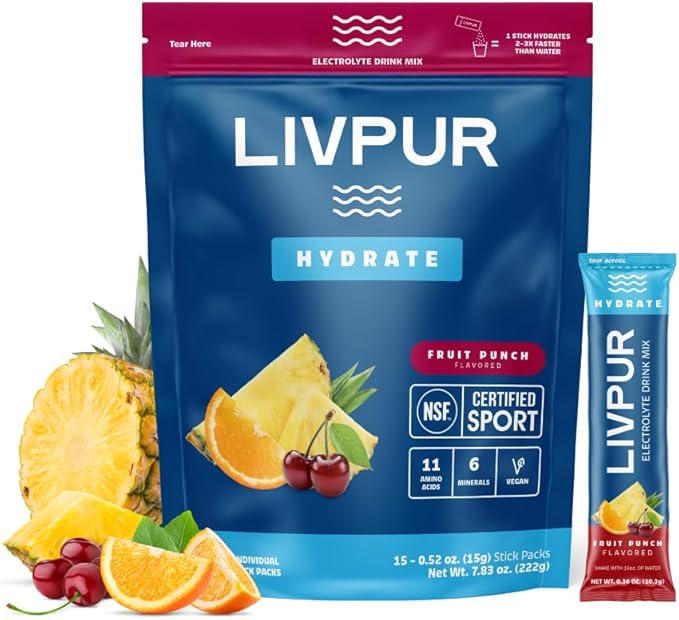 LivPur Electrolyte Drink Mix, Instant Hydration Powder with Vitamin C, B6, B12 & Essential Amino Acids for Muscle Support & Immune Health, Sports Essentials, Fruit Punch Flavor, 15 Stick Packs