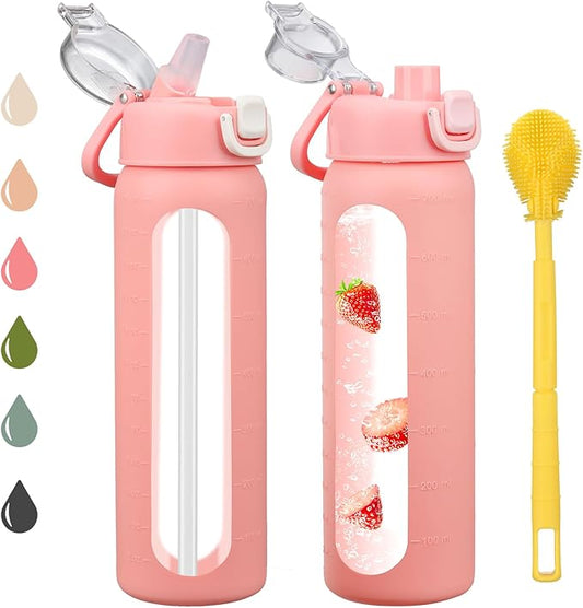 24 oz Glass Water Bottles with 2 Lids-Handle Spout Lid & Straw Lid, Motivational Water Bottle with Time Marker and Silicone Sleeve,Leakproof-Pink-1 Pack