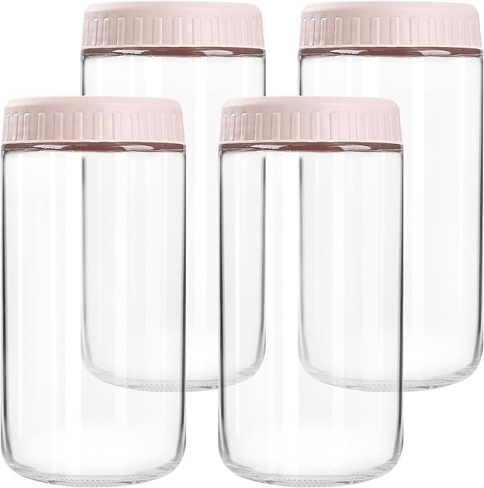Overnight Oats Containers with Lids, 24oz Glass Jars with Lids 4 pcs, Pink, Wide Mouth Mason jars for Salad, Yogurt, Snacks, Meal Prep
