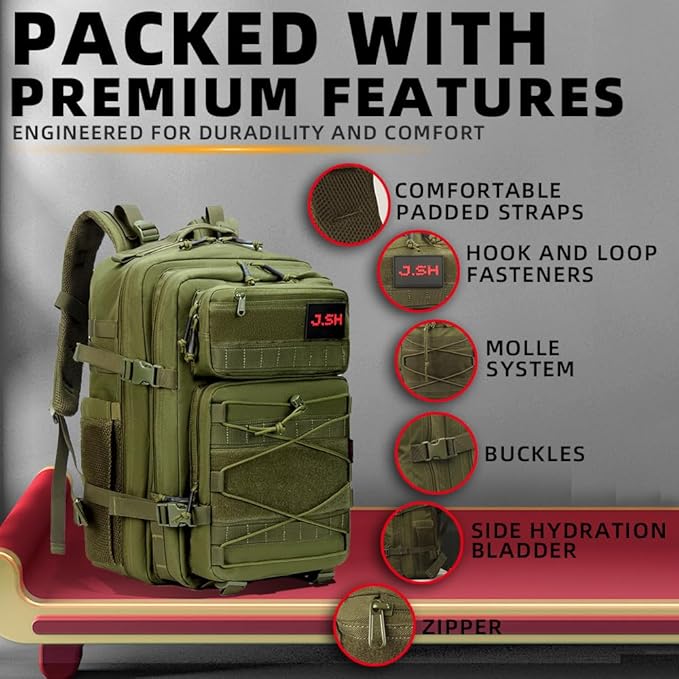 J.SH 45L Large Capacity 3-Day Tactical Backpack, Waterproof & Tear-Resistant, MOLLE System, Adjustable Straps (chest strap and waist strap), Hiking Backpack for Men & Women - Green