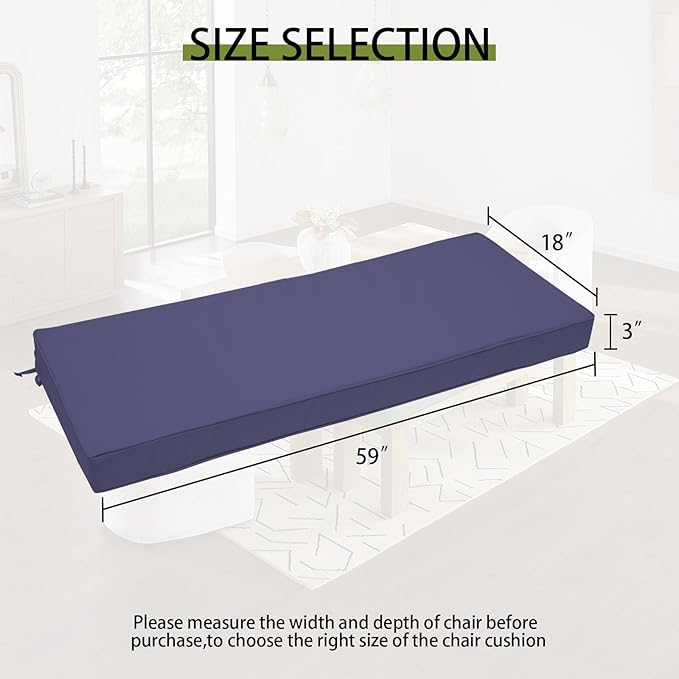 Outdoor Bench Cushion 59 x 18 x 3 Inch, Waterproof Patio Furniture Cushions with Ties, Non-Slip Rectangle Bench Seat Cushion Foam Pad for Garden Sofa Settee Couch Swing, Navy