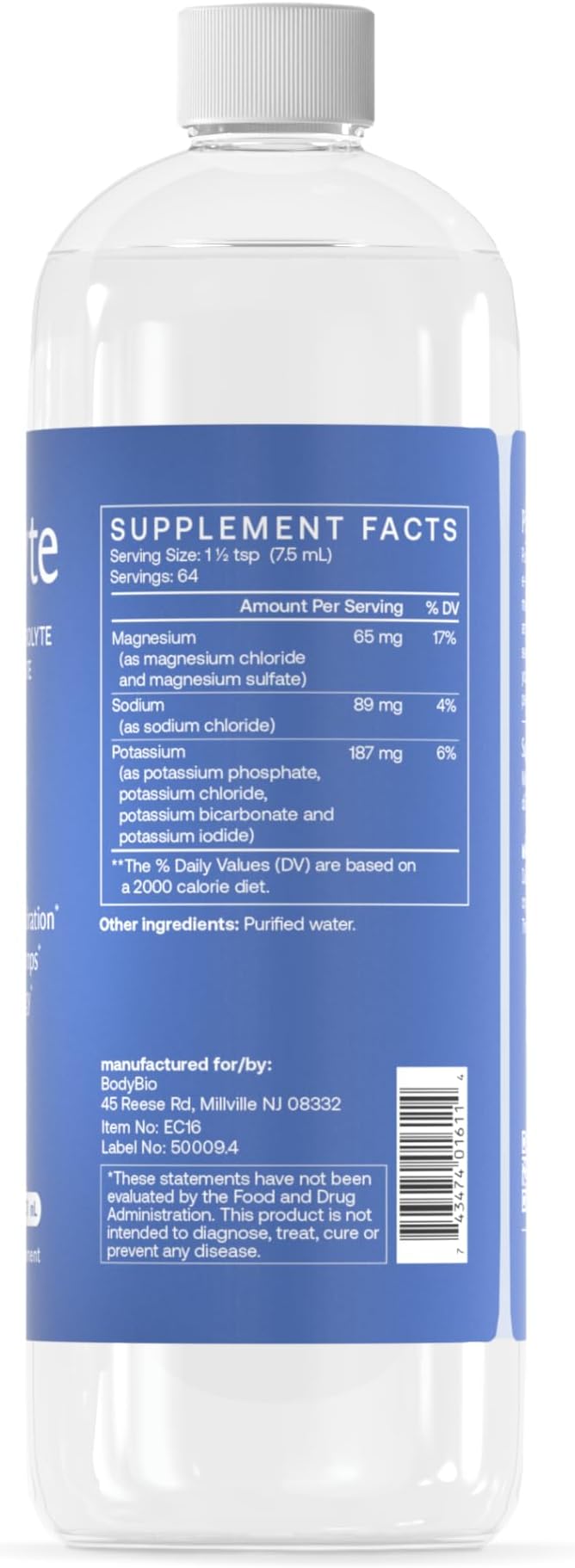 BodyBio e-Lyte - Liquid Electrolyte Concentrate for Clean Hydration, Energy & Cramp Relief - No Sugar, No Artificial Flavors, No Fillers, Keto Friendly