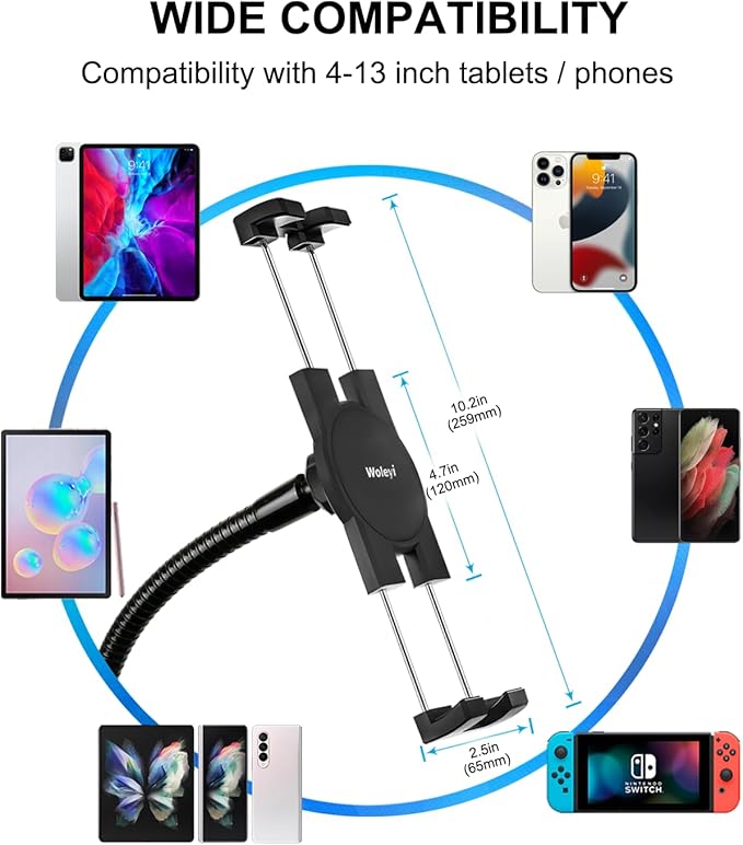 Gooseneck Metal Spin Bike Tablet Holder Mount, Indoor Handlebar iPad Holder for Treadmill, Exercise Bike, Stationary Bicycle, Peloton, Elliptical for iPad Pro 12.9 Air Mini, Galaxy Tabs, Phones(4-13”)