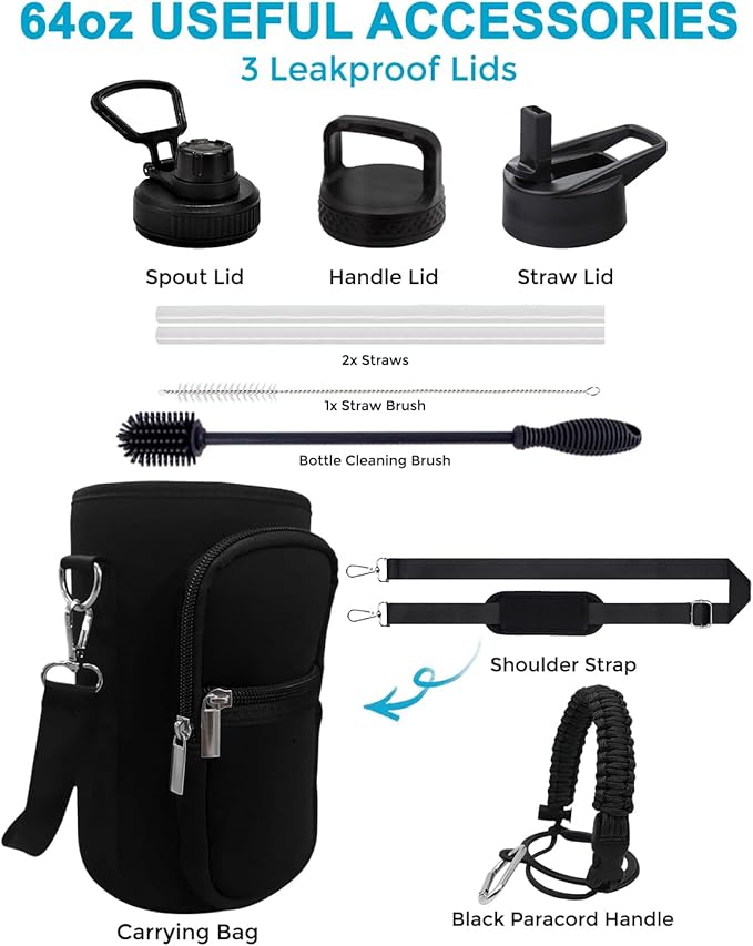 Travel Water Bottle with Carrying Bag, 3 Lids (Spout, Straw, Handle), and Bottle Brush; Leak Proof, Quality, Vacuum Insulated, Stainless Steel (Cascade Shadow, 64 oz)