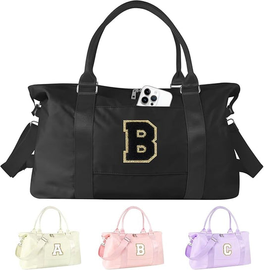 Dance Gym Duffel Bag for Teen Girls, Personalized Initial Travel Weekender Bag,Cute Overnight Carry On Duffle for Women,Sports Travel Cheer Bag,Monogram Christmas Gifts for Tween Preppy(black-B)