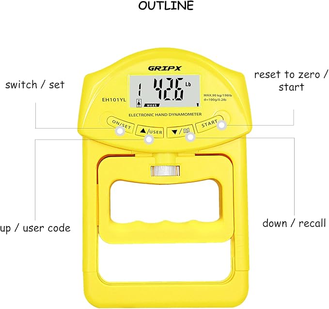GRIPX Digital Hand Dynamometer Grip Strength Measurement Meter Auto Capturing Electronic Hand Grip Power 198Lbs / 90Kgs