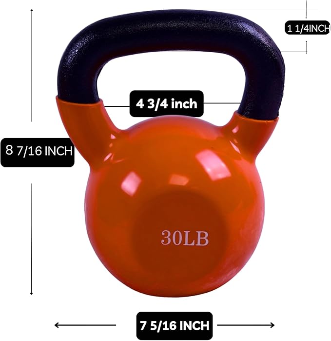 BESEA Orange Vinyl Coated Kettlebell 20~45LBS, Wide Grip Handle, Stable Flat Base, Strength Training, Durable kettle bells