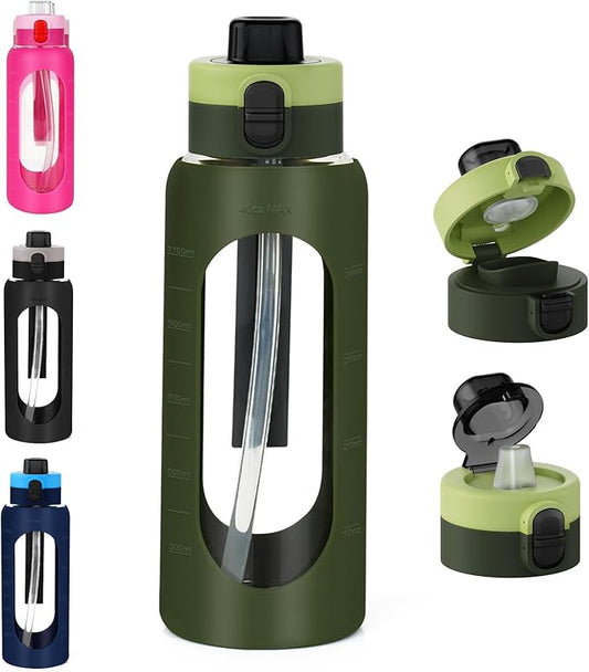 ANOTION 40OZ Glass Water Bottle, Large Sports Water Bottle with Dual-Drink Lid Clear Leakproof Glass Bottles with Straw, Motivational Jug with Silicone Sleeve and Time Marker for Travel Gym-Green
