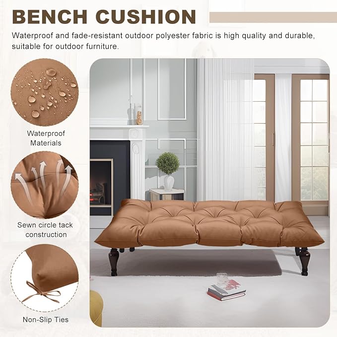 Outdoor Bench Cushion 60inches Waterproof & Fade Resistant Patio Furniture Cushions Tufted Fresh Porch Swing Lounger Loveseat Pads with Straps(Light coffee-60x20in)