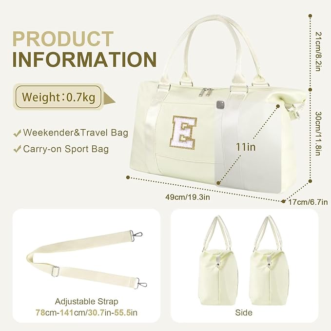 Dance Gym Duffel Bag for Teen Girls, Personalized Initial Travel Weekender Bag,Cute Overnight Carry On Duffle for Women,Sports Travel Cheer Bag,Monogram Christmas Gifts for Tween Preppy(beige-E)