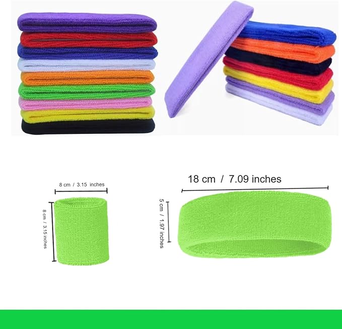 24 Pcs Neon Sweatbands Set Include 8 Pcs Sports Headband and 16 Pcs Cotton Wristbands 80s Neon Sweat Bands Bulk for Gym, Tennis, Basketball, Running, Exercise