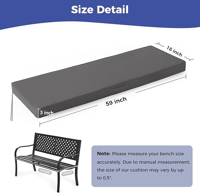 Outdoor Bench Cushions for Outdoor Furniture, 59x18x3 Inch, Waterproof Bench Pillow, Fade Resistant Long Bench Seat Pads for Garden, Indoor, Porch Swing, Dark Grey