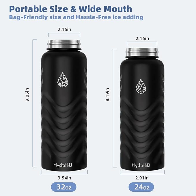 32oz Stainless Steel Insulated Water Bottle, 48H Cold & 24H Hot, Leak-Proof Wide Mouth Lids (Straw & Spout), BPA-Free Bottles, Mens Water Bottle for Gym, Hiking, Travel - Black