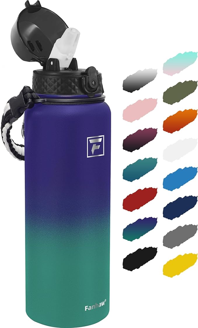 Fanhaw 40 Oz Stainless Steel Insulated Sports Water Bottles with Straw for Kids, Men and Women (Purple Green)