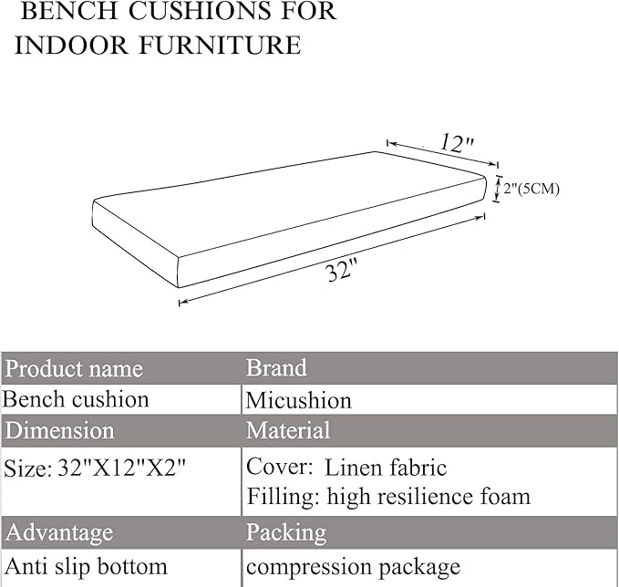 Piano Bench Cushion for Indoor Shoe Storage with Ties Non Slip Picnic Bench Pad for Kitchen Dining Table Seat 32 x 12 inch Blue