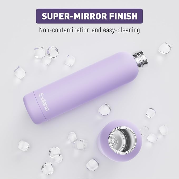 Slim Insulated Water Bottles for Travel 25oz with Clip, Double Wall Vacuum Stainless Steel Water Bottle Keeps Drinks Cold 24 Hrs/Hot 12 Hrs, 100% Leakproof, BPA Free(Purple)