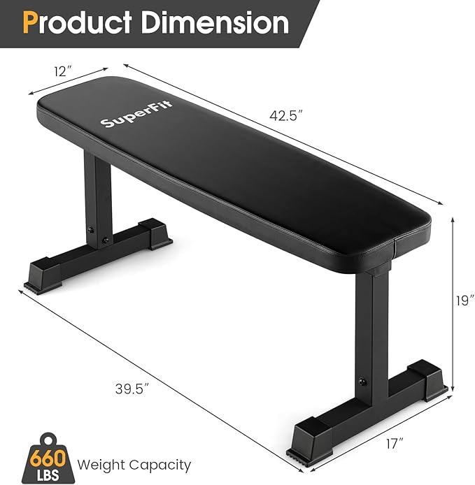Goplus Flat Weight Bench, 660 LBS Heavy Duty Strength Training Exercise Bench for Home Gym, Easy Assembly, Multipurpose Full Body Workout Bench for Bench Press & Weight Lifting, Black