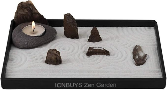Handmade Zen Garden Pebble Tealight Candle Holder Set Wood Forest with Free Zen Garden Tools, Sand, Base Tray and Accessories