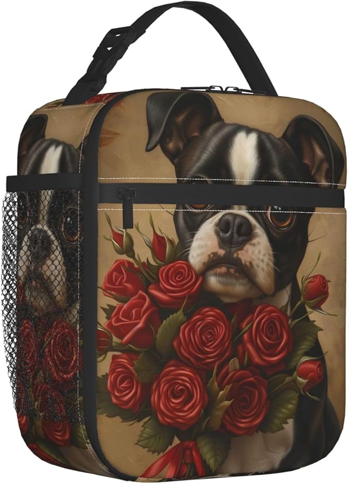 Boston Terrier Rose Insulated Lunch Box,Retro Dog and Red Floral Reusable Tote Bag for Women Girls,Vintage Pet Design Lunchbag,Portable Cooler Lunchboxes for Work School Picnic Travel Gifts